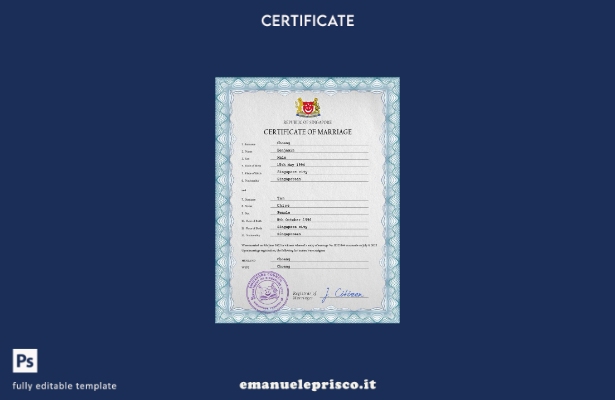Modello PSD del certificato di matrimonio di Singapore in stile verificato